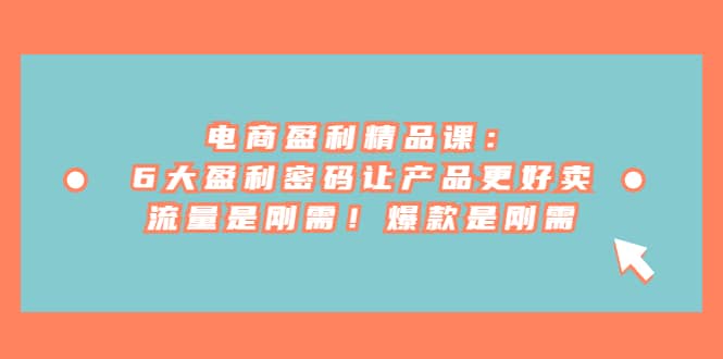 电商 盈利精品课：6大盈利 密码让产品更好卖，流量是刚需！爆款是刚需副业工作-副业资源站-副业项目-创业项目-搞钱项目个人副业工作资源分享