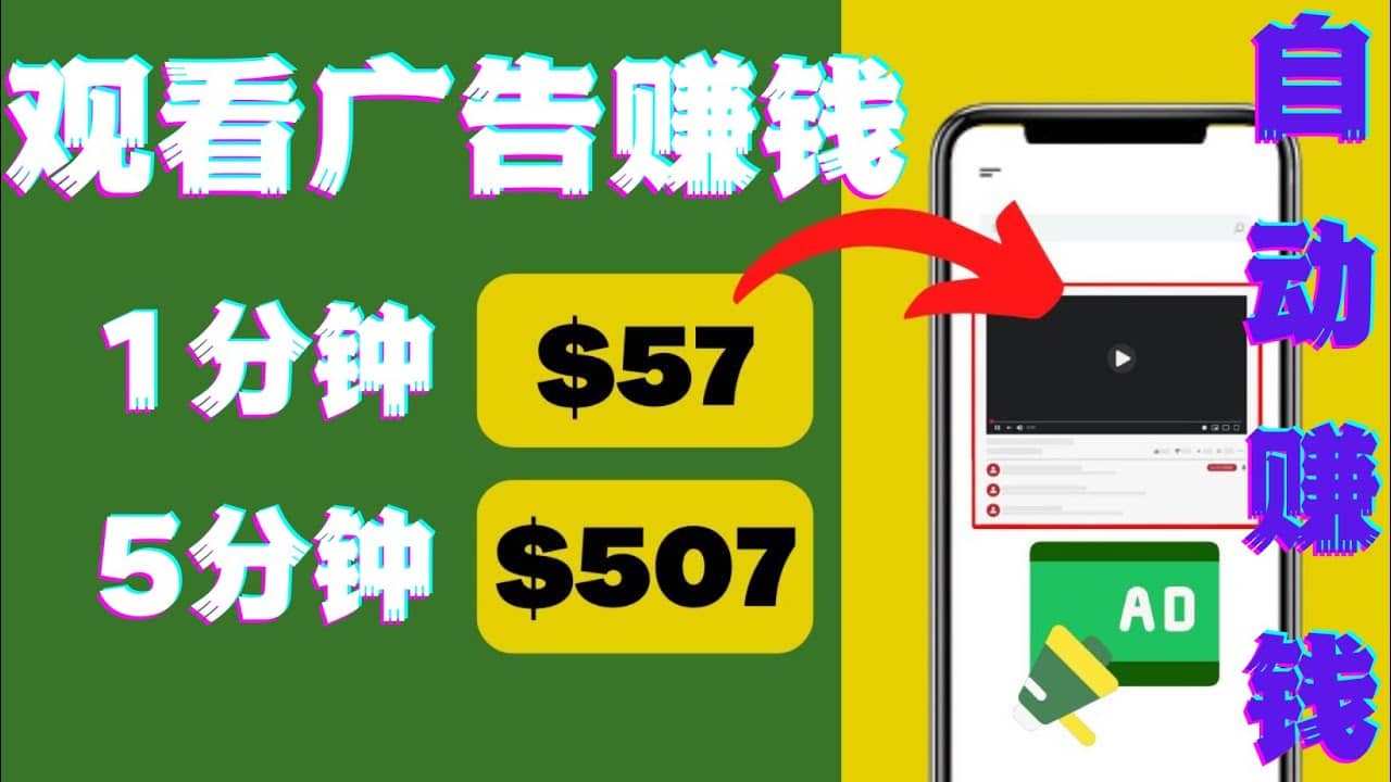 观看视频广告，只需要点击广告，每5分钟赚57美元副业工作-副业资源站-副业项目-创业项目-搞钱项目个人副业工作资源分享