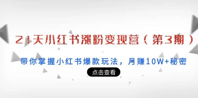 21天小红书涨粉变现营（第3期）：带你掌握小红书爆款玩法，月赚10W+秘密副业工作-副业资源站-副业项目-创业项目-搞钱项目个人副业工作资源分享