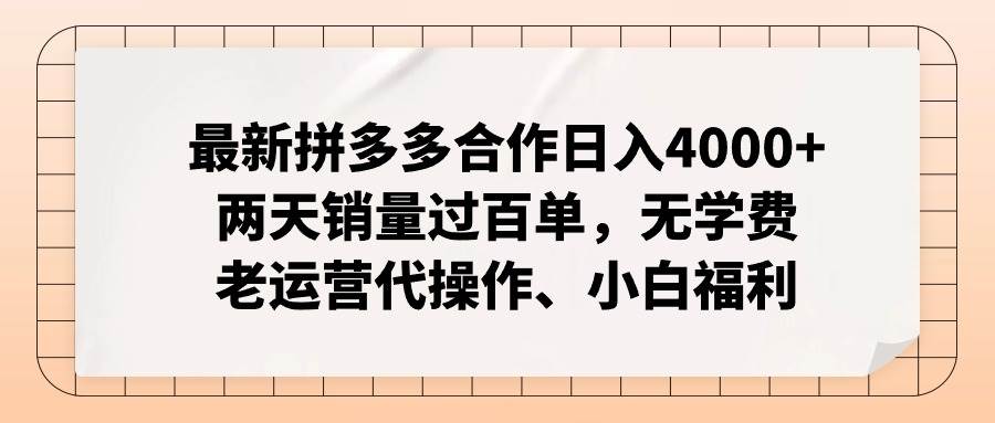 最新拼多多合作日入4000+两天销量过百单，无学费、老运营代操作、小白福利副业工作-副业资源站-副业项目-创业项目-搞钱项目个人副业工作资源分享