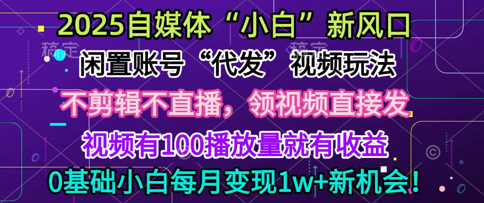2025每月躺赚5w+新机会，闲置视频账号一键代发玩法，0粉不实名不剪辑，领了视频直接发，0基础小白也能日入300+副业工作-副业资源站-副业项目-创业项目-搞钱项目个人副业工作资源分享