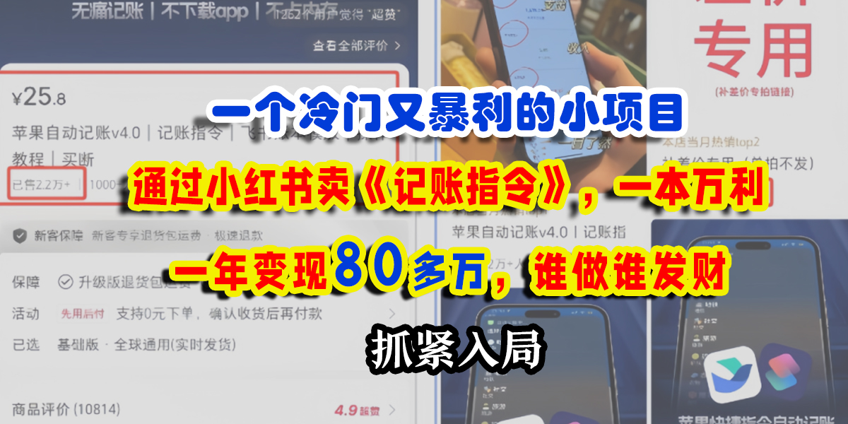一个冷门又暴利的小项目，通过小红书卖《记账指令》，一本万利，一年变现80多万，谁做谁发财副业工作-副业资源站-副业项目-创业项目-搞钱项目个人副业工作资源分享