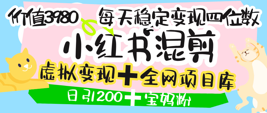 价值3980的小红书混剪， 虚拟变现 ＋全网项目库 ， 日引200+宝妈创业粉，每天稳定四位数变现副业工作-副业资源站-副业项目-创业项目-搞钱项目个人副业工作资源分享